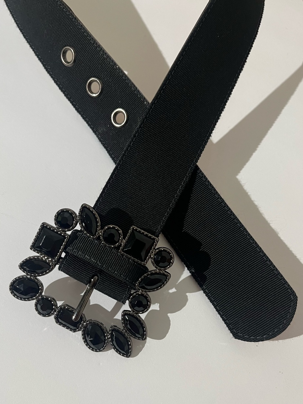 St. John Rhinestone Square Buckle Grosgrain Ribbon Black Belt